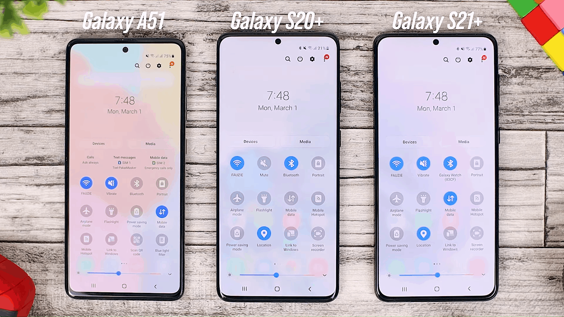 Notification Panel - One UI 3.0 features of Samsung Galaxy A51 and its comparison with the Galaxy S20+ and One UI 3.1 on the Galaxy S21+